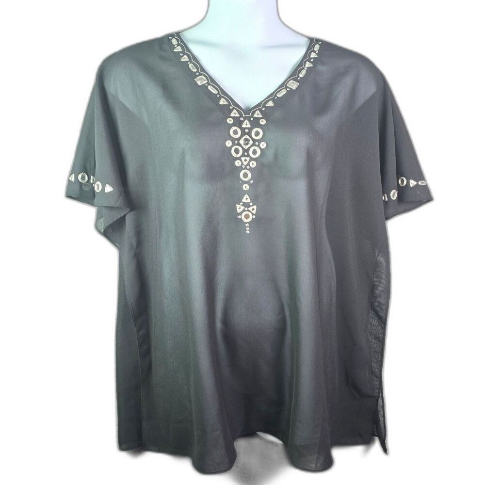 Chicos Tunic Black 3 XL Embellished Beaded V Neck Sheer Statement